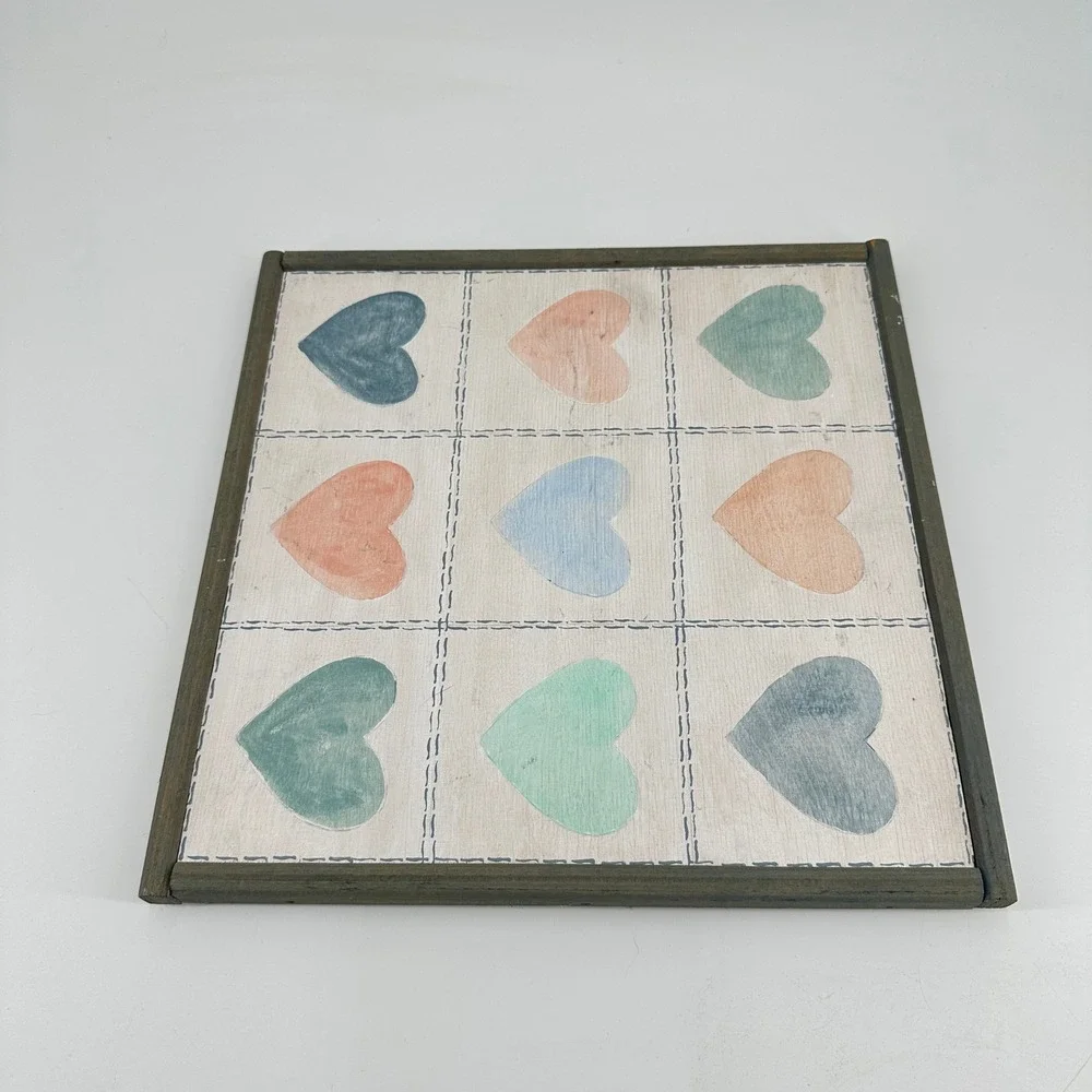 Rustic Wooden Square Wall Art Nine Pastel Hearts Grid Grey Frame 12x12